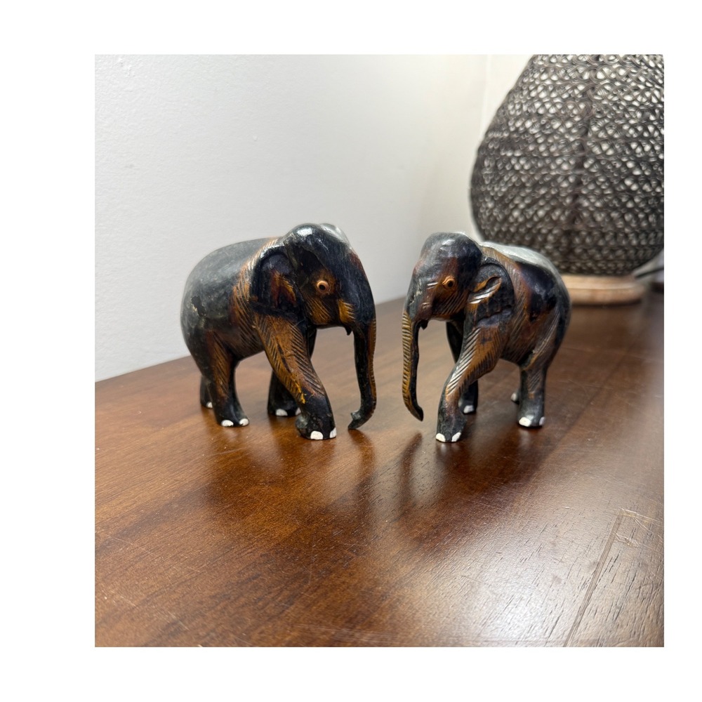 Vintage Hand Carved Wooden Elephant Figurines Set of 2 Rustic Wood Statues